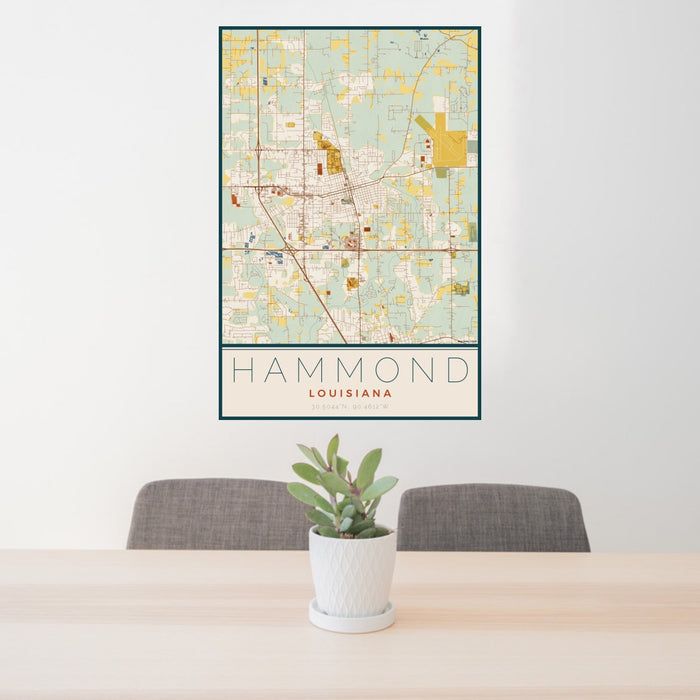 24x36 Hammond Louisiana Map Print Portrait Orientation in Woodblock Style Behind 2 Chairs Table and Potted Plant