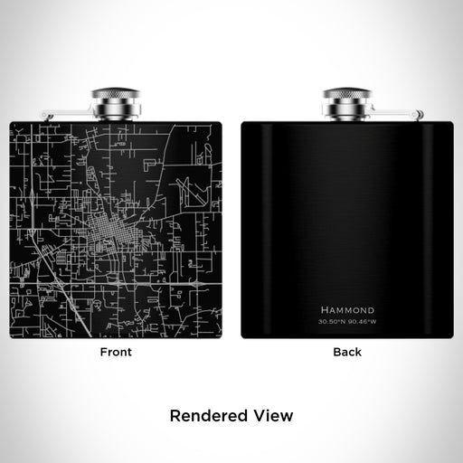 Rendered View of Hammond Louisiana Map Engraving on 6oz Stainless Steel Flask in Black