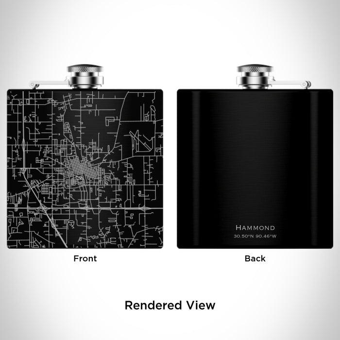 Rendered View of Hammond Louisiana Map Engraving on 6oz Stainless Steel Flask in Black