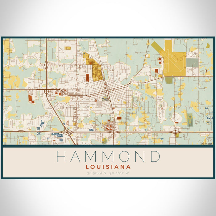 Hammond Louisiana Map Print Landscape Orientation in Woodblock Style With Shaded Background