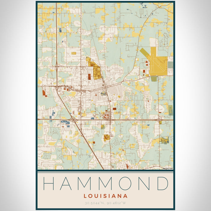Hammond Louisiana Map Print Portrait Orientation in Woodblock Style With Shaded Background