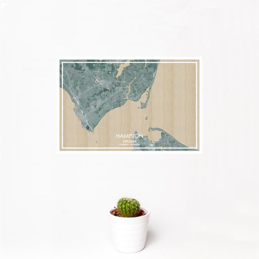 12x18 Hampton Virginia Map Print Landscape Orientation in Afternoon Style With Small Cactus Plant in White Planter