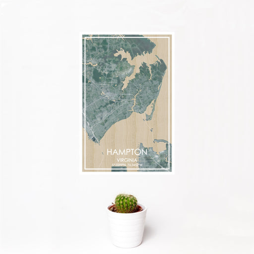 12x18 Hampton Virginia Map Print Portrait Orientation in Afternoon Style With Small Cactus Plant in White Planter