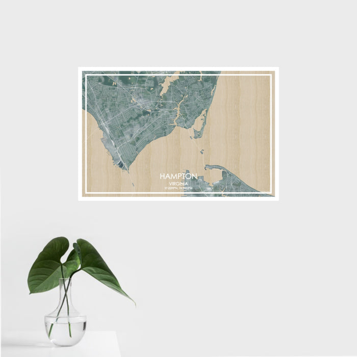 16x24 Hampton Virginia Map Print Landscape Orientation in Afternoon Style With Tropical Plant Leaves in Water