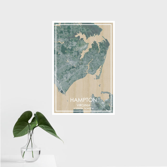 16x24 Hampton Virginia Map Print Portrait Orientation in Afternoon Style With Tropical Plant Leaves in Water