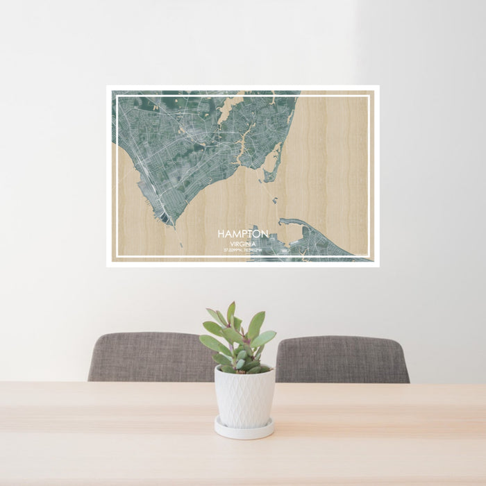 24x36 Hampton Virginia Map Print Lanscape Orientation in Afternoon Style Behind 2 Chairs Table and Potted Plant