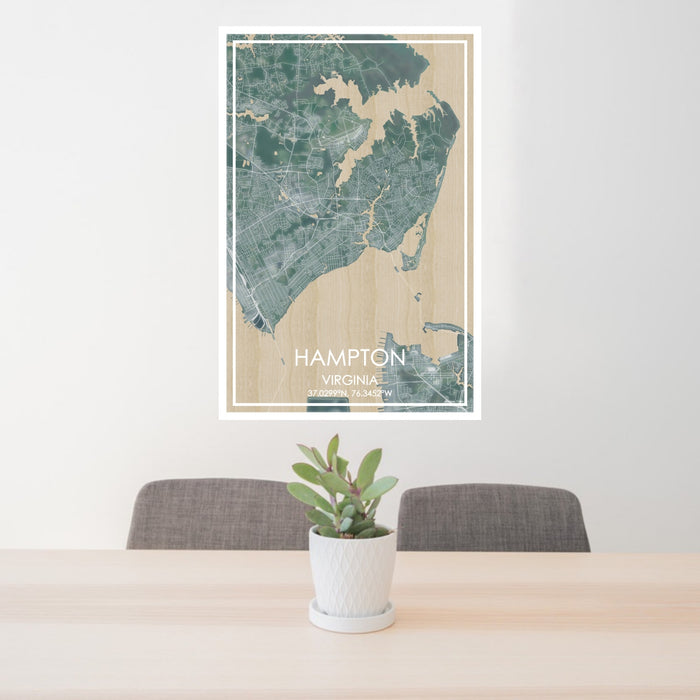 24x36 Hampton Virginia Map Print Portrait Orientation in Afternoon Style Behind 2 Chairs Table and Potted Plant