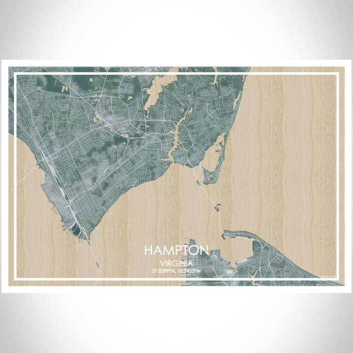 Hampton Virginia Map Print Landscape Orientation in Afternoon Style With Shaded Background