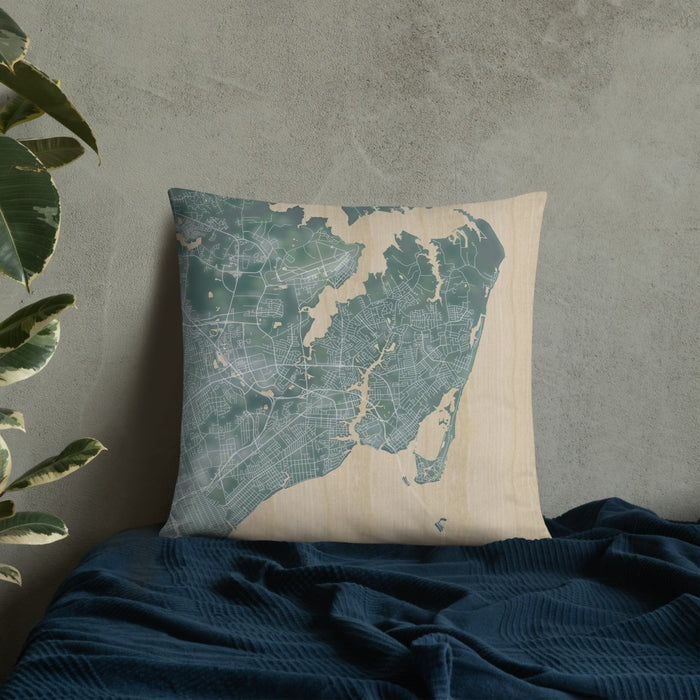 Custom Hampton Virginia Map Throw Pillow in Afternoon on Bedding Against Wall