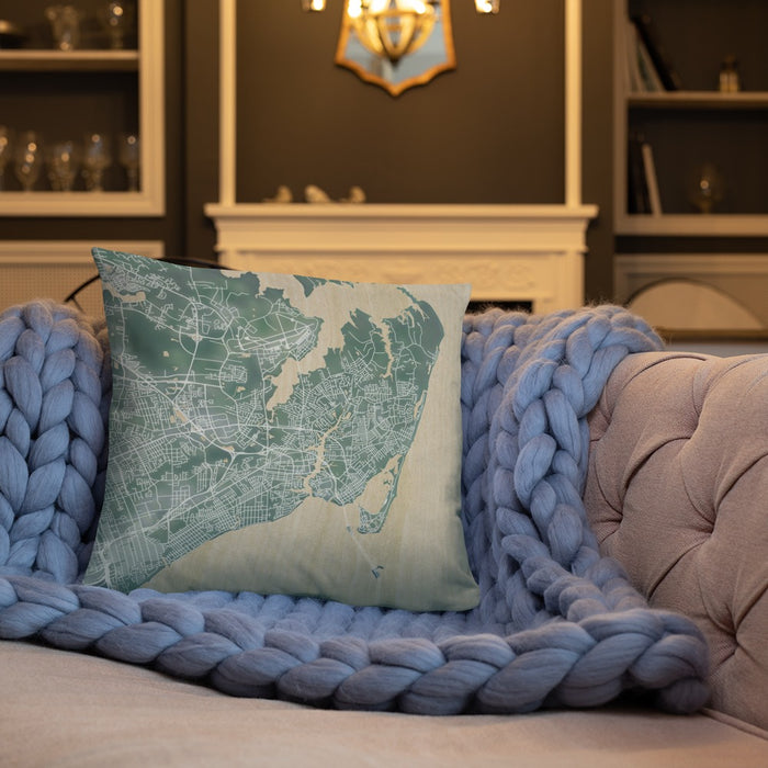 Custom Hampton Virginia Map Throw Pillow in Afternoon on Cream Colored Couch