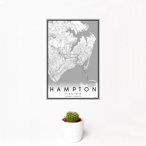 12x18 Hampton Virginia Map Print Portrait Orientation in Classic Style With Small Cactus Plant in White Planter