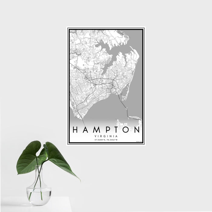 16x24 Hampton Virginia Map Print Portrait Orientation in Classic Style With Tropical Plant Leaves in Water