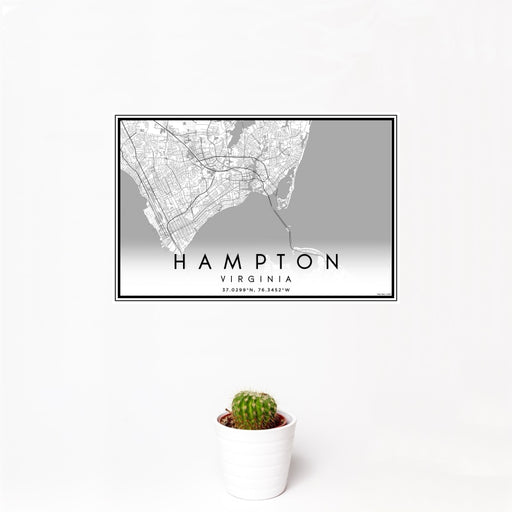 12x18 Hampton Virginia Map Print Landscape Orientation in Classic Style With Small Cactus Plant in White Planter