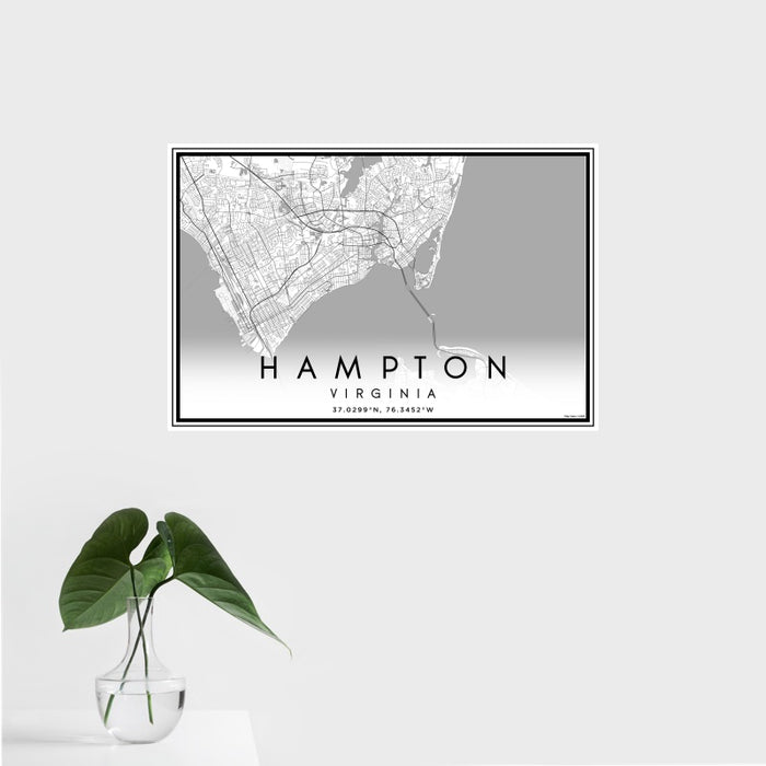 16x24 Hampton Virginia Map Print Landscape Orientation in Classic Style With Tropical Plant Leaves in Water