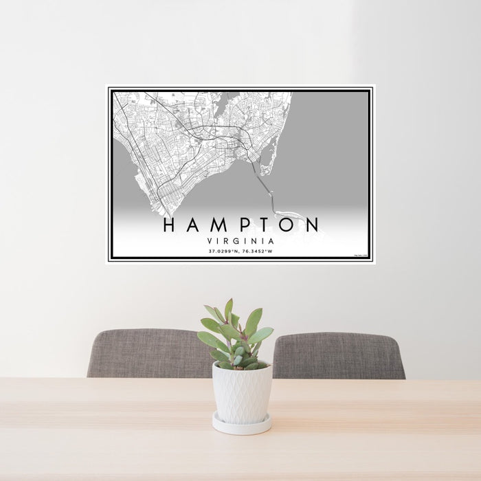 24x36 Hampton Virginia Map Print Landscape Orientation in Classic Style Behind 2 Chairs Table and Potted Plant