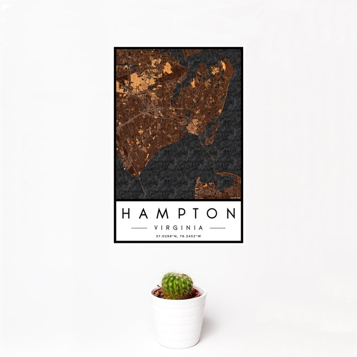 12x18 Hampton Virginia Map Print Portrait Orientation in Ember Style With Small Cactus Plant in White Planter