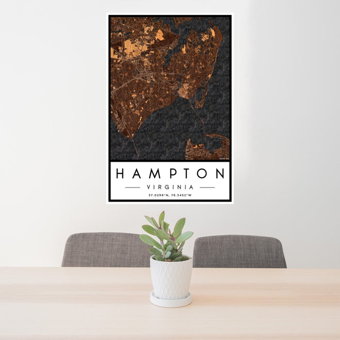 24x36 Hampton Virginia Map Print Portrait Orientation in Ember Style Behind 2 Chairs Table and Potted Plant