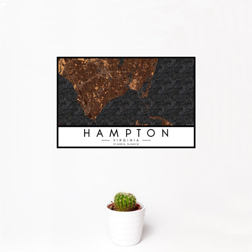 12x18 Hampton Virginia Map Print Landscape Orientation in Ember Style With Small Cactus Plant in White Planter
