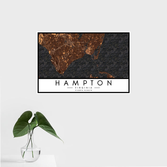 16x24 Hampton Virginia Map Print Landscape Orientation in Ember Style With Tropical Plant Leaves in Water