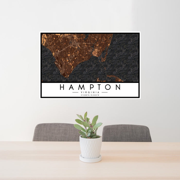 24x36 Hampton Virginia Map Print Landscape Orientation in Ember Style Behind 2 Chairs Table and Potted Plant