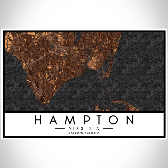 Hampton Virginia Map Print Landscape Orientation in Ember Style With Shaded Background