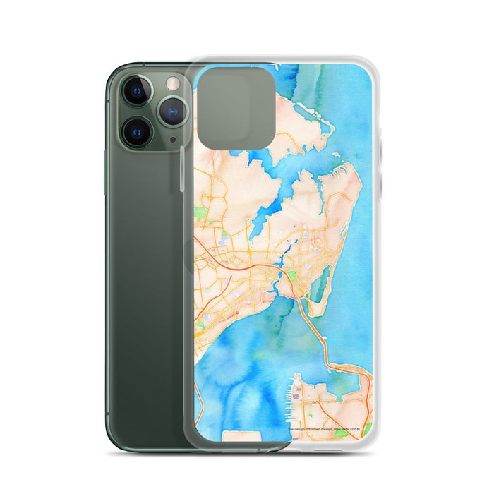 Custom Hampton Virginia Map Phone Case in Watercolor on Table with Laptop and Plant