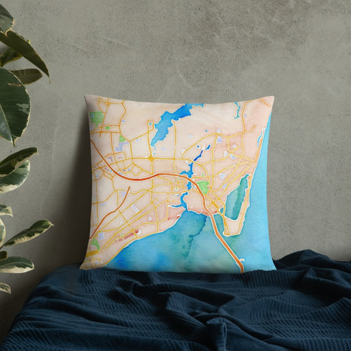 Custom Hampton Virginia Map Throw Pillow in Watercolor on Bedding Against Wall