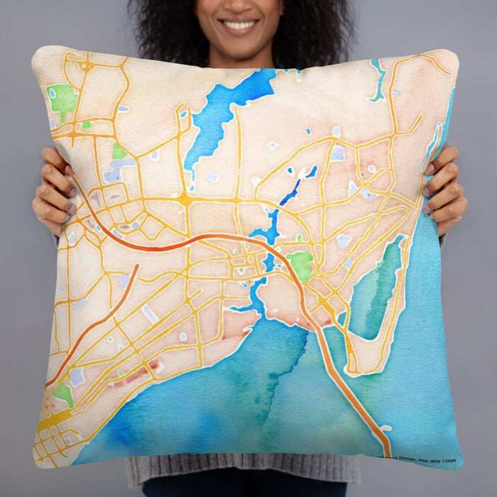 Person holding 22x22 Custom Hampton Virginia Map Throw Pillow in Watercolor