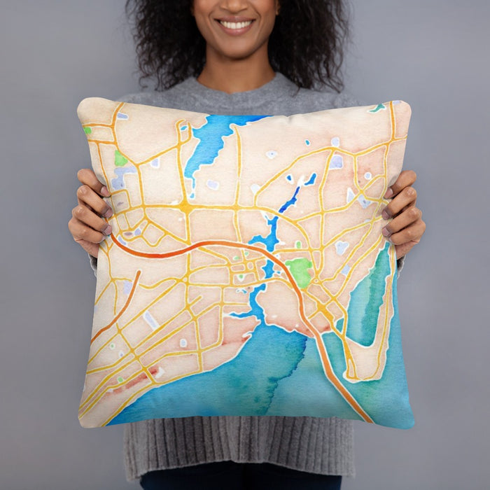 Person holding 18x18 Custom Hampton Virginia Map Throw Pillow in Watercolor