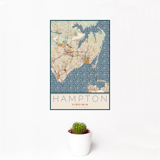 12x18 Hampton Virginia Map Print Portrait Orientation in Woodblock Style With Small Cactus Plant in White Planter