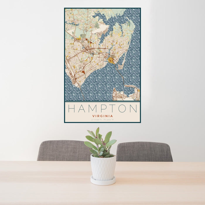 24x36 Hampton Virginia Map Print Portrait Orientation in Woodblock Style Behind 2 Chairs Table and Potted Plant