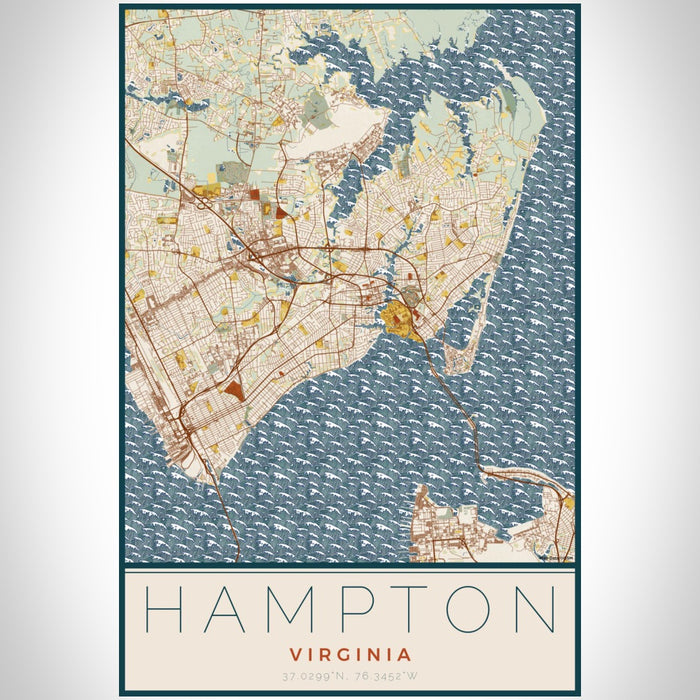 Hampton Virginia Map Print Portrait Orientation in Woodblock Style With Shaded Background