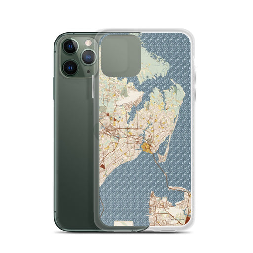Custom Hampton Virginia Map Phone Case in Woodblock on Table with Laptop and Plant