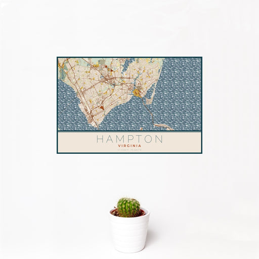 12x18 Hampton Virginia Map Print Landscape Orientation in Woodblock Style With Small Cactus Plant in White Planter