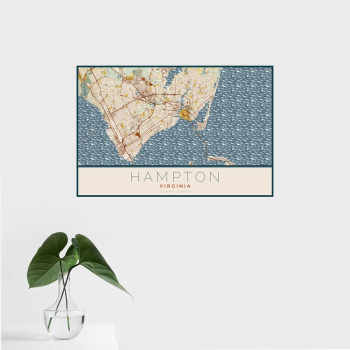 16x24 Hampton Virginia Map Print Landscape Orientation in Woodblock Style With Tropical Plant Leaves in Water
