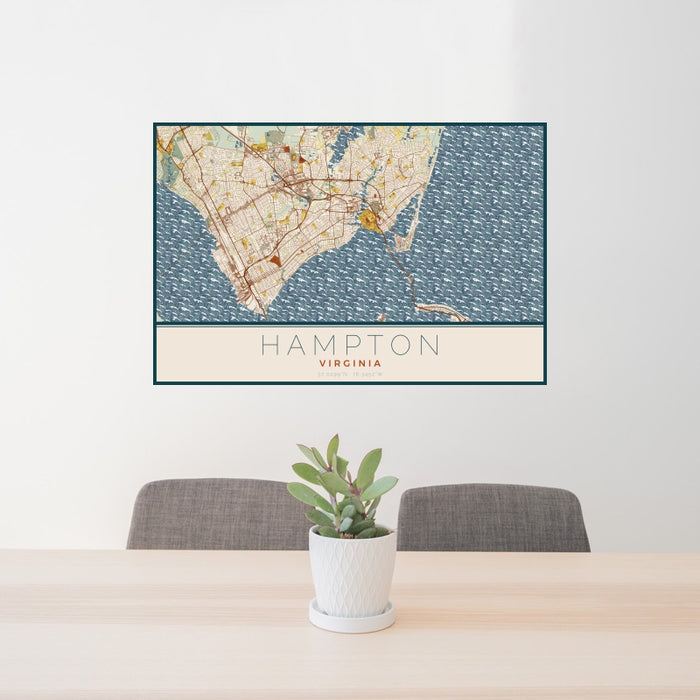24x36 Hampton Virginia Map Print Landscape Orientation in Woodblock Style Behind 2 Chairs Table and Potted Plant