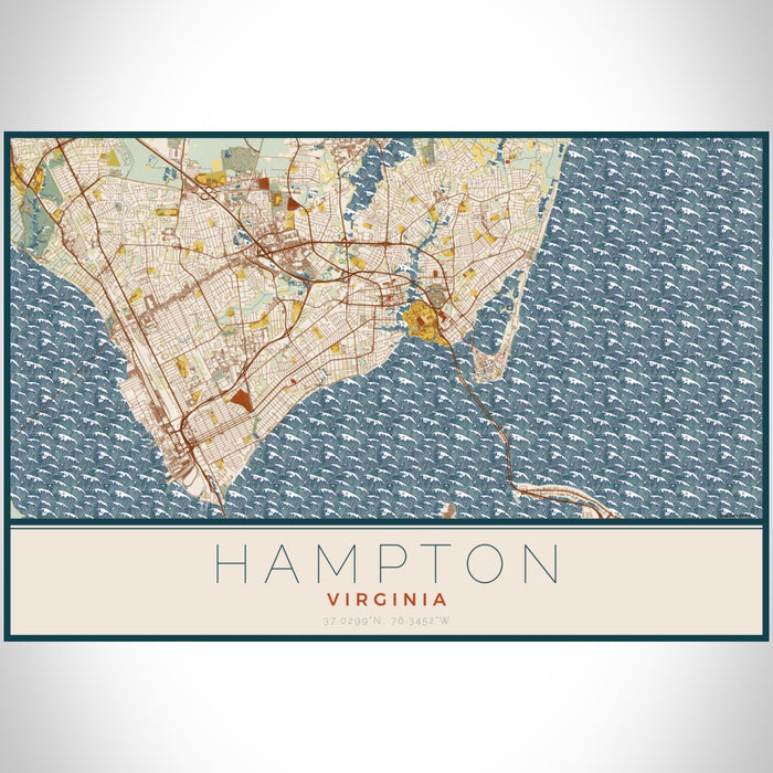 Hampton Virginia Map Print Landscape Orientation in Woodblock Style With Shaded Background