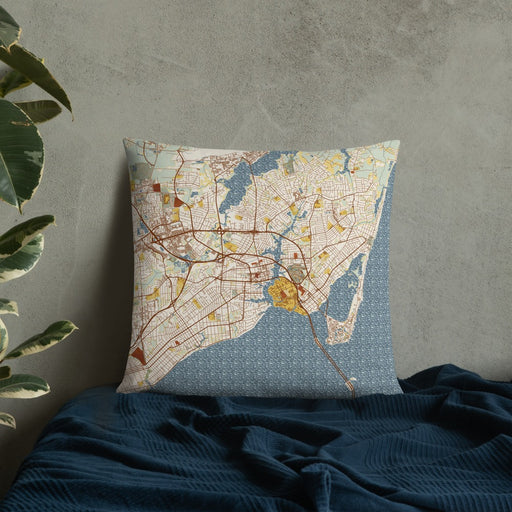 Custom Hampton Virginia Map Throw Pillow in Woodblock on Bedding Against Wall