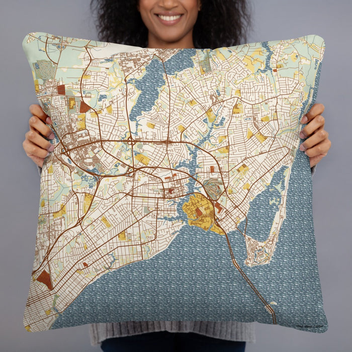 Person holding 22x22 Custom Hampton Virginia Map Throw Pillow in Woodblock
