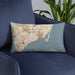 Custom Hampton Virginia Map Throw Pillow in Woodblock on Blue Colored Chair