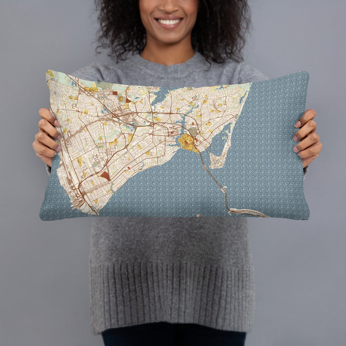 Person holding 20x12 Custom Hampton Virginia Map Throw Pillow in Woodblock