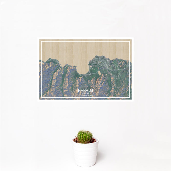 12x18 Hanalei Hawaii Map Print Landscape Orientation in Afternoon Style With Small Cactus Plant in White Planter
