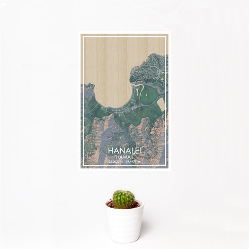 12x18 Hanalei Hawaii Map Print Portrait Orientation in Afternoon Style With Small Cactus Plant in White Planter