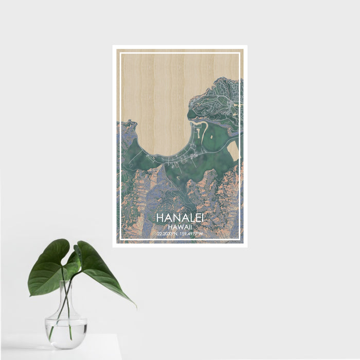 16x24 Hanalei Hawaii Map Print Portrait Orientation in Afternoon Style With Tropical Plant Leaves in Water