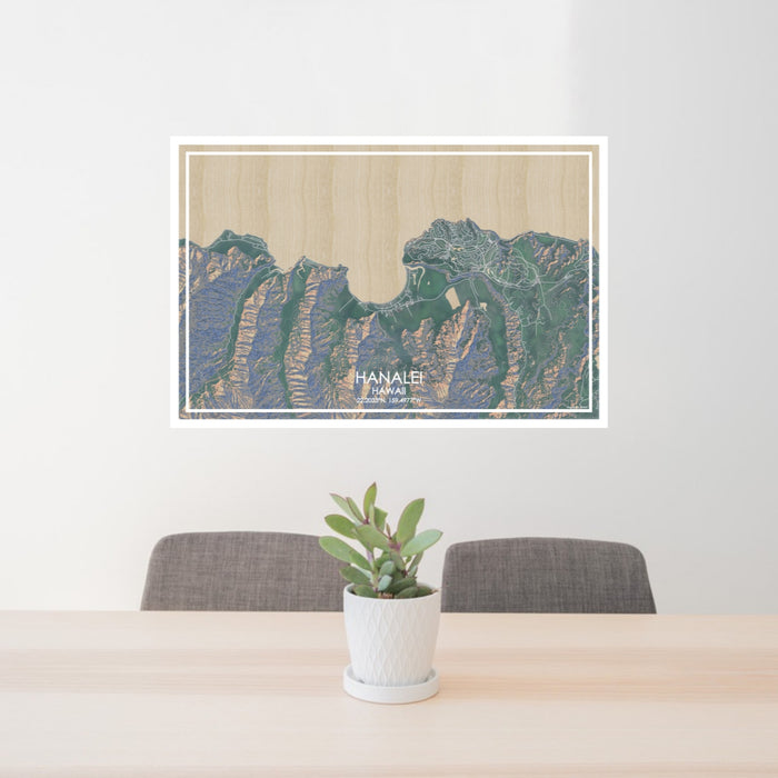 24x36 Hanalei Hawaii Map Print Lanscape Orientation in Afternoon Style Behind 2 Chairs Table and Potted Plant