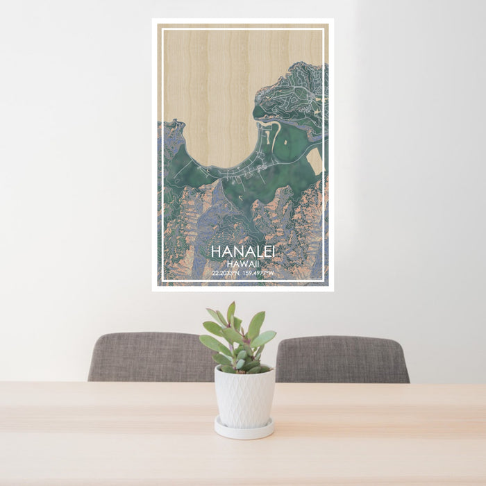24x36 Hanalei Hawaii Map Print Portrait Orientation in Afternoon Style Behind 2 Chairs Table and Potted Plant