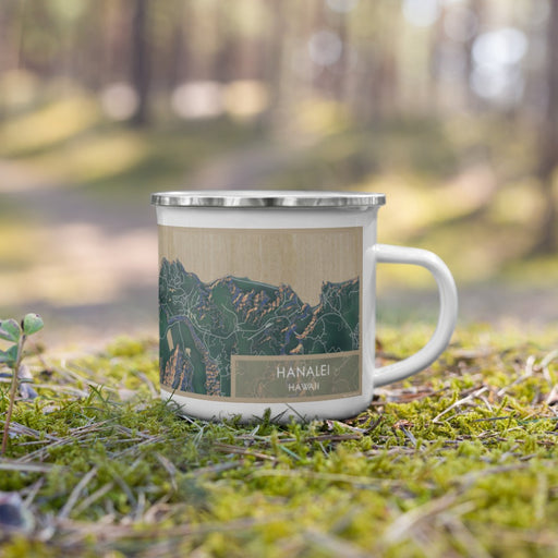 Right View Custom Hanalei Hawaii Map Enamel Mug in Afternoon on Grass With Trees in Background