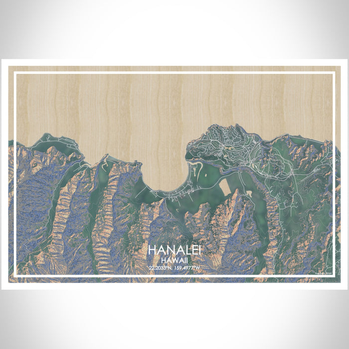 Hanalei Hawaii Map Print Landscape Orientation in Afternoon Style With Shaded Background