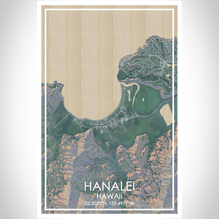 Hanalei Hawaii Map Print Portrait Orientation in Afternoon Style With Shaded Background