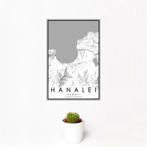 12x18 Hanalei Hawaii Map Print Portrait Orientation in Classic Style With Small Cactus Plant in White Planter